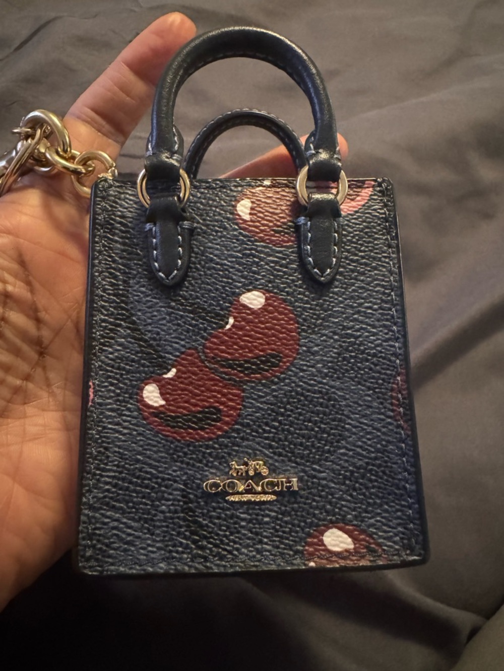 Coach Navy Leather Mini Tote Keychain with Cherry Motif